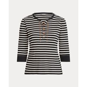 Lauren Ralph Lauren Striped Lace-Up Waffle-Knit Top Leather Drawcord Size XXL